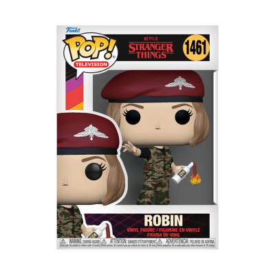 Funko Pop Robin Stranger Things com boina vermelha e uniforme camuflado em embalagem