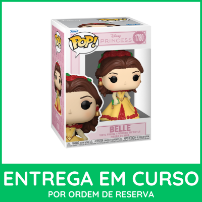 Funko Pop da personagem Belle da Disney com vestido amarelo e vermelho em caixa