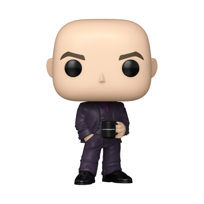Figura Funko Pop de homem calvo com terno roxo e caneca preta