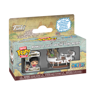 Embalagem de brinquedo Funko Bitty Pop! Rides Monkey D. Luffy e Going Merry com figura e barco visíveis