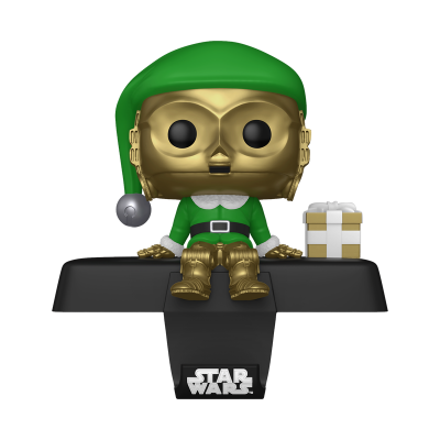 Figura colecionável Funko Pop C-3PO vestido de Natal sentado numa base com logo Star Wars e presente