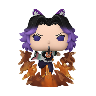 Figura Funko Pop com cabelo preto e roxo e efeitos de fogo