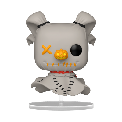 Figura Funko Pop cinzenta com detalhes de Halloween e suporte transparente