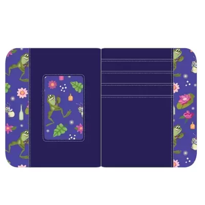 Capa azul escura com padrão de sapos, flores e garrafas e vários compartimentos