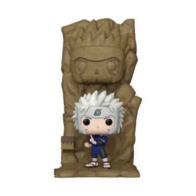 Figura Funko Pop de personagem com cabelo branco e faixa branca com símbolo, frente a fundo castanho texturizado