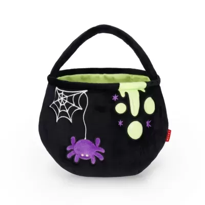 Saco de Halloween preto com decoração de aranha e teia, interior verde claro