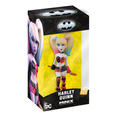 Figura de ação Harley Quinn em caixa preta com logo Batman
