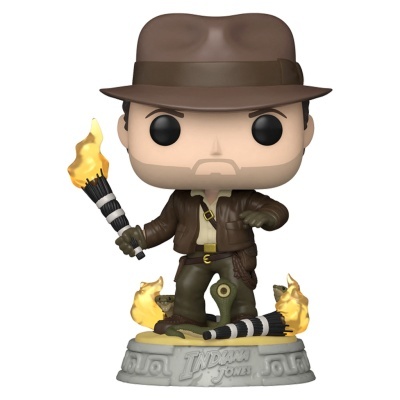 Boneco colecionável Funko Pop do Indiana Jones com tocha acesa e base com texto