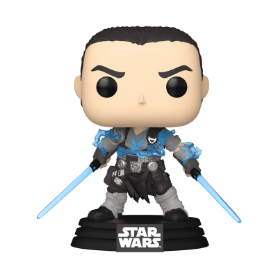 Funko Pop personagem Star Wars com sabres de luz azuis e base preta com logo Star Wars