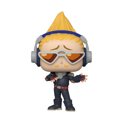 Figura colecionável Funko Pop com cabelo amarelo espetado e óculos de sol laranja