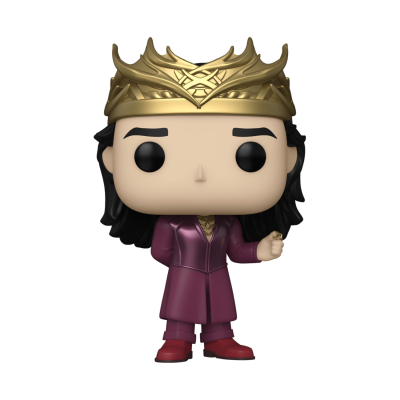 Figura Funko Pop com coroa dourada e sobretudo roxo