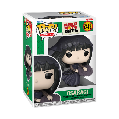 Figura Funko Pop Osaragi da série Sakamoto Days numa caixa com design verde, branco e amarelo.
