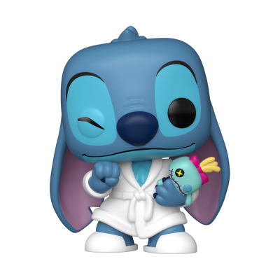 Figurina vinil azul Stitch com roupão branco e boneca colorida