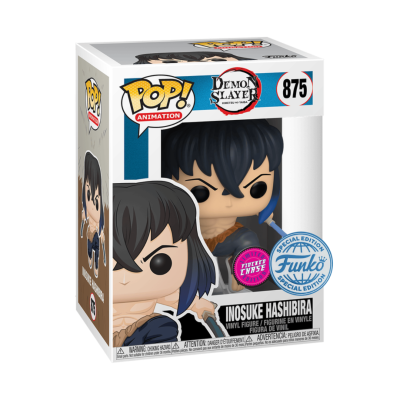 Figura Funko Pop! de Inosuke Hashibira da série Demon Slayer na embalagem original.