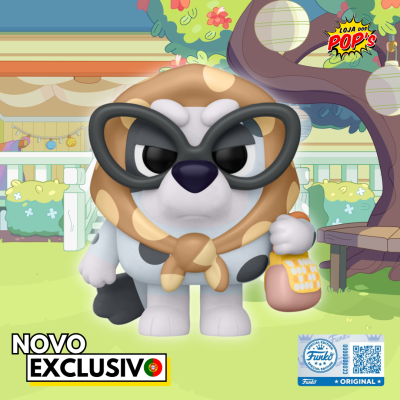 Figura Funko Pop de cão cinza com manchas, óculos pretos e lenço castanho, segurando garrafa em fundo colorido