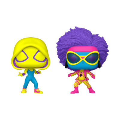 Duas figuras Funko Pop coloridas em fundo branco
