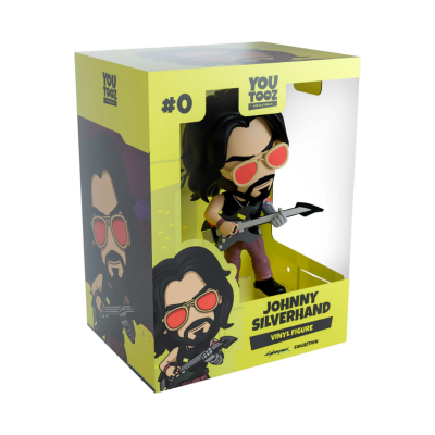 Figura vinil Johnny Silverhand em caixa amarela com óculos vermelhos e guitarra