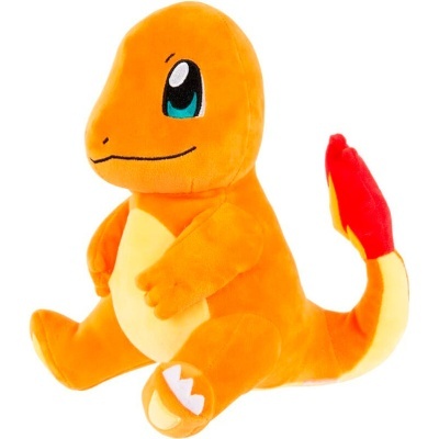 Pelúcia do personagem Charmander laranja com barriga amarela e cauda vermelha