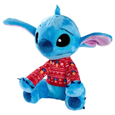 Pelúcia Stitch azul com suéter vermelho sentado