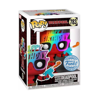 Figura Funko Pop! Deadpool com óculos coloridos de festa, embalada