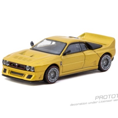 Miniatura de carro desportivo amarelo com jantes prateadas e texto PROTOTYPE