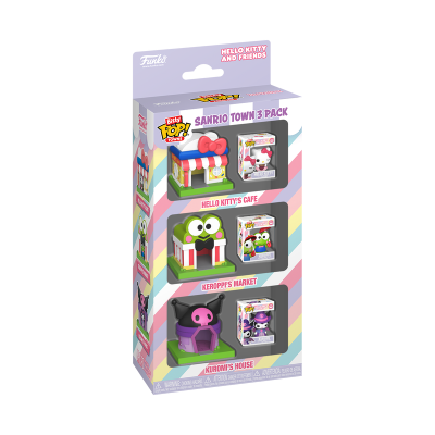 Embalagem com três brinquedos Funko Bitty Pop! Sanrio Town e personagens de Hello Kitty e amigos.