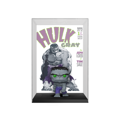 Figura Funko Pop do Hulk Gray cinzento com caixa transparente e imagem do personagem no fundo.