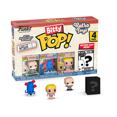 Caixa colorida Funko Bitty Pop! com 4 mini figuras e embalagem com texto