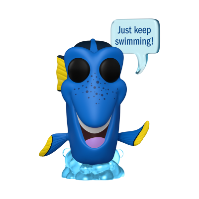 Boneco azul cartoon de peixe com texto Just keep swimming!