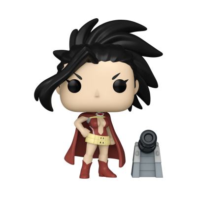 Figura Funko Pop com cabelo preto e roupa colorida ao lado de estrutura cinzenta