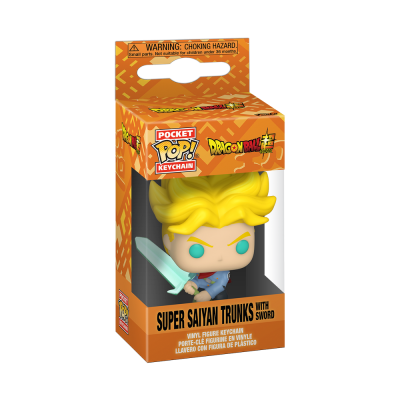 Chaveiro de vinil Super Saiyan Trunks dentro de embalagem laranja