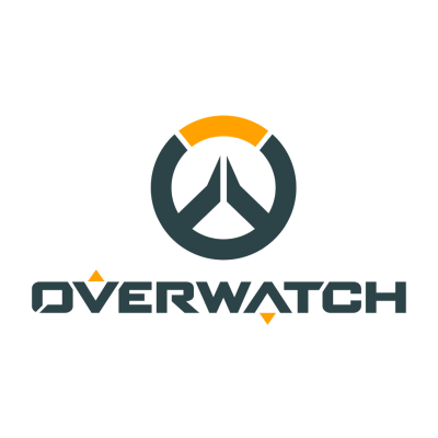 Logótipo do jogo digital Overwatch com texto e símbolo circular cinza escuro e laranja.