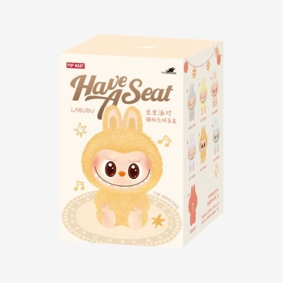 Caixa de brinquedo POP MART Have A Seat com boneco amarelo felpudo Labubu.