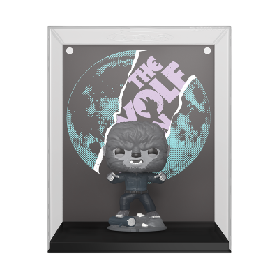 Figura colecionável Funko Pop lobisomem dentro de caixa transparente com fundo preto e lua azul