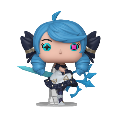 Figura colecionável Funko Pop com cabelo azul claro e vestido branco segurando uma espada azul