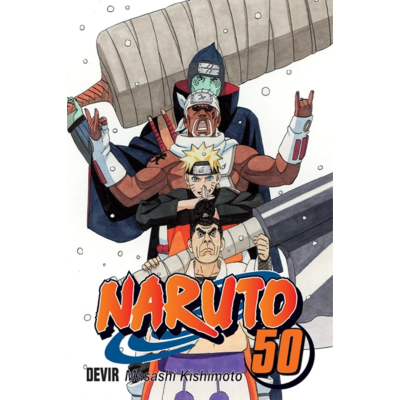 Capa do livro 'Naruto 50' com personagens de anime alinhados e título em laranja