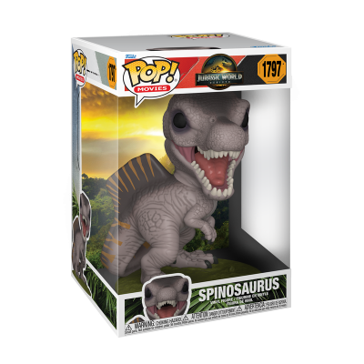 Boneco Pop! Movies de Spinosaurus Jurassic World numa caixa com janela transparente