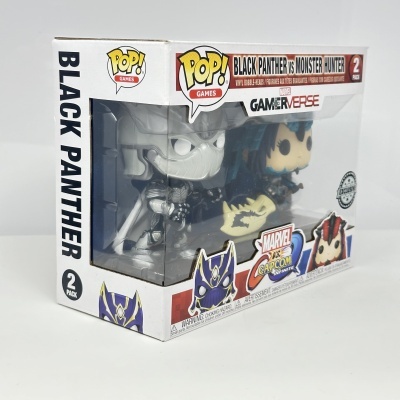 Caixa de dois bonecos Funko Pop! de Black Panther e Monster Hunter em embalagem branca e transparente