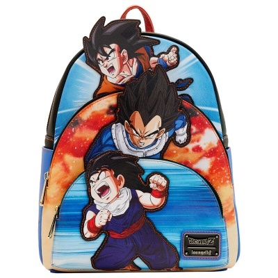 mochila Dragon Ball Z com personagens animados em fundo azul e laranja