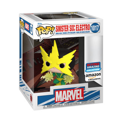 Figura Funko Pop! Electro da Marvel Sinister Six na caixa com logos Pop!, Marvel e Amazon Exclusive