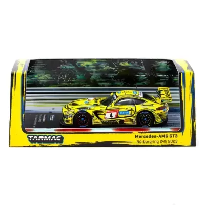 Miniatura de carro de corrida amarelo Mercedes-AMG GT3 em caixa amarela e preta