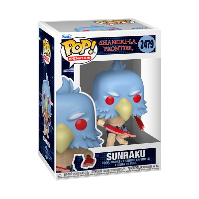 Funko Pop! figura Sunraku da Shangri-La Frontier com cabeça azul de pássaro e olhos vermelhos em caixa