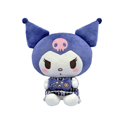 Pelúcia personagem com capuz azul e vestido xadrez segurando controlo azul