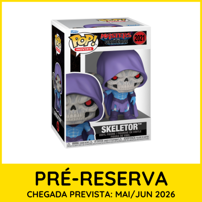 Figura Funko Pop Skeletor com capuz roxo e pele azul na caixa