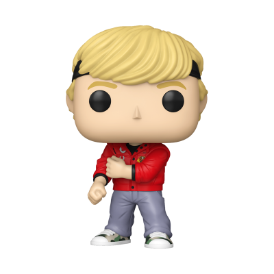 Boneco Funko Pop com cabelo loiro, jaqueta vermelha e calças cinzentas