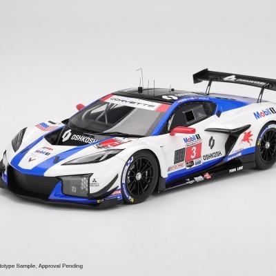 Miniatura de carro de corrida Corvette branco, azul e preto com logótipos