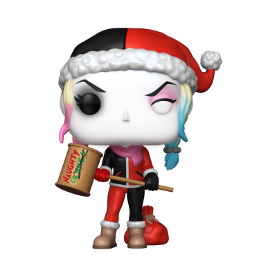 Figura colecionável de vinil estilo Funko Pop Harley Quinn com roupa natalícia e martelo com texto.