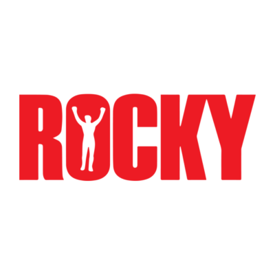 Logótipo ROCKY em letras vermelhas com figura humana na letra O