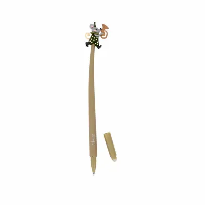 Caneta bege com topo decorativo de rato cinzento a tocar instrumento musical