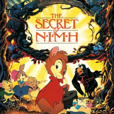 Poster do filme THE SECRET of NIMH com personagens animados e ramos negros
